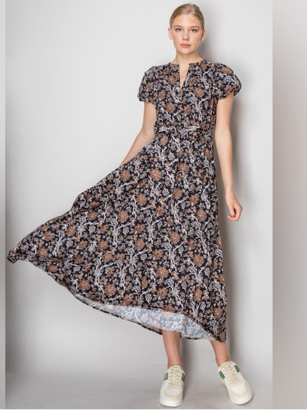 Melloday Bohemian Floral Maxi Dress in Black and Brown EUC